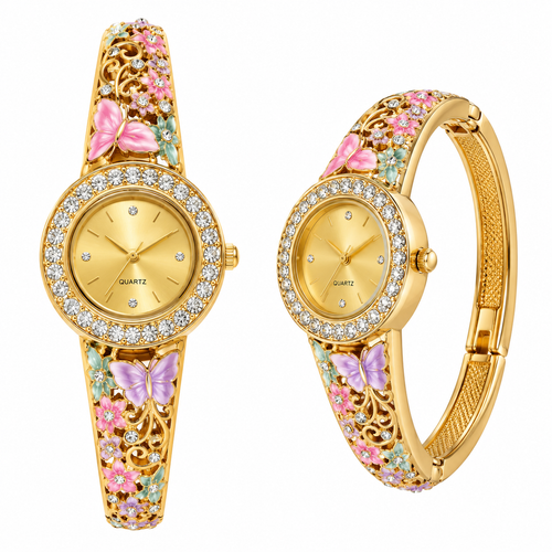 Enchanted Flora & Butterfly Gold Bangle Watch