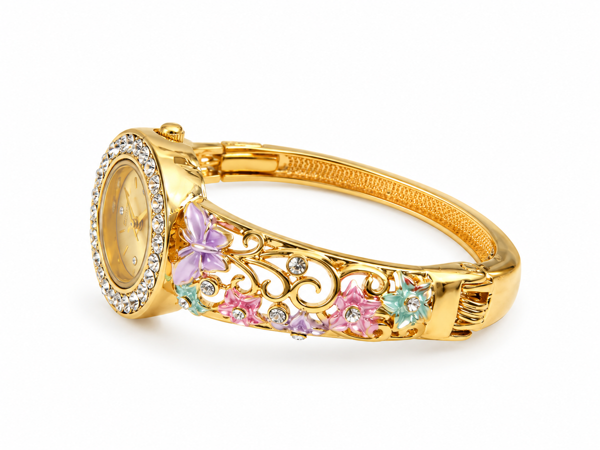 Enchanted Flora & Butterfly Gold Bangle Watch