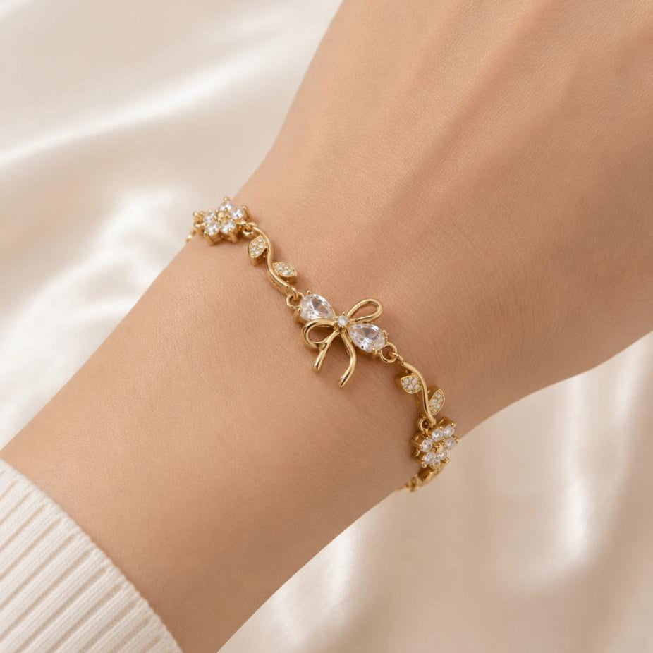 Gold White Bloom & Bow Crystal Bracelet