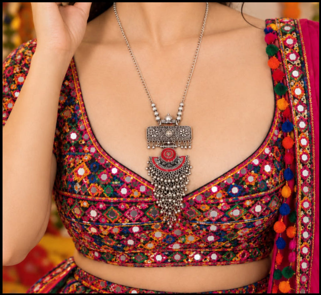 Regal Crimson Meenakari Oxidised Long Chain Necklace Set