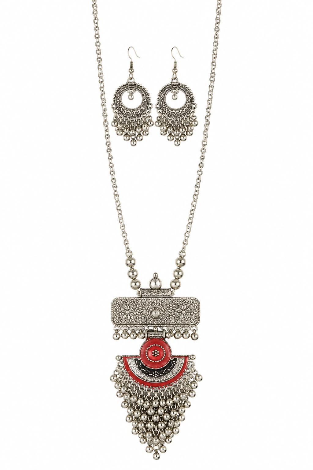 Regal Crimson Meenakari Oxidised Long Chain Necklace Set