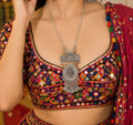 Regal Oxidised Mirror Charm Long Chain Jewelry Set