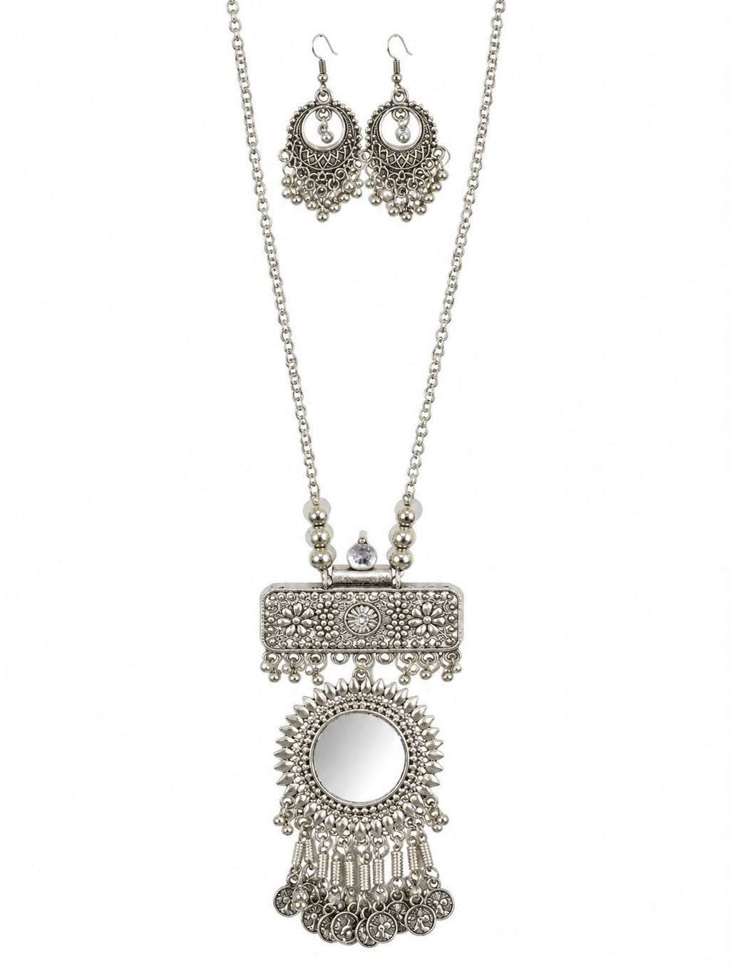 Regal Oxidised Mirror Charm Long Chain Jewelry Set