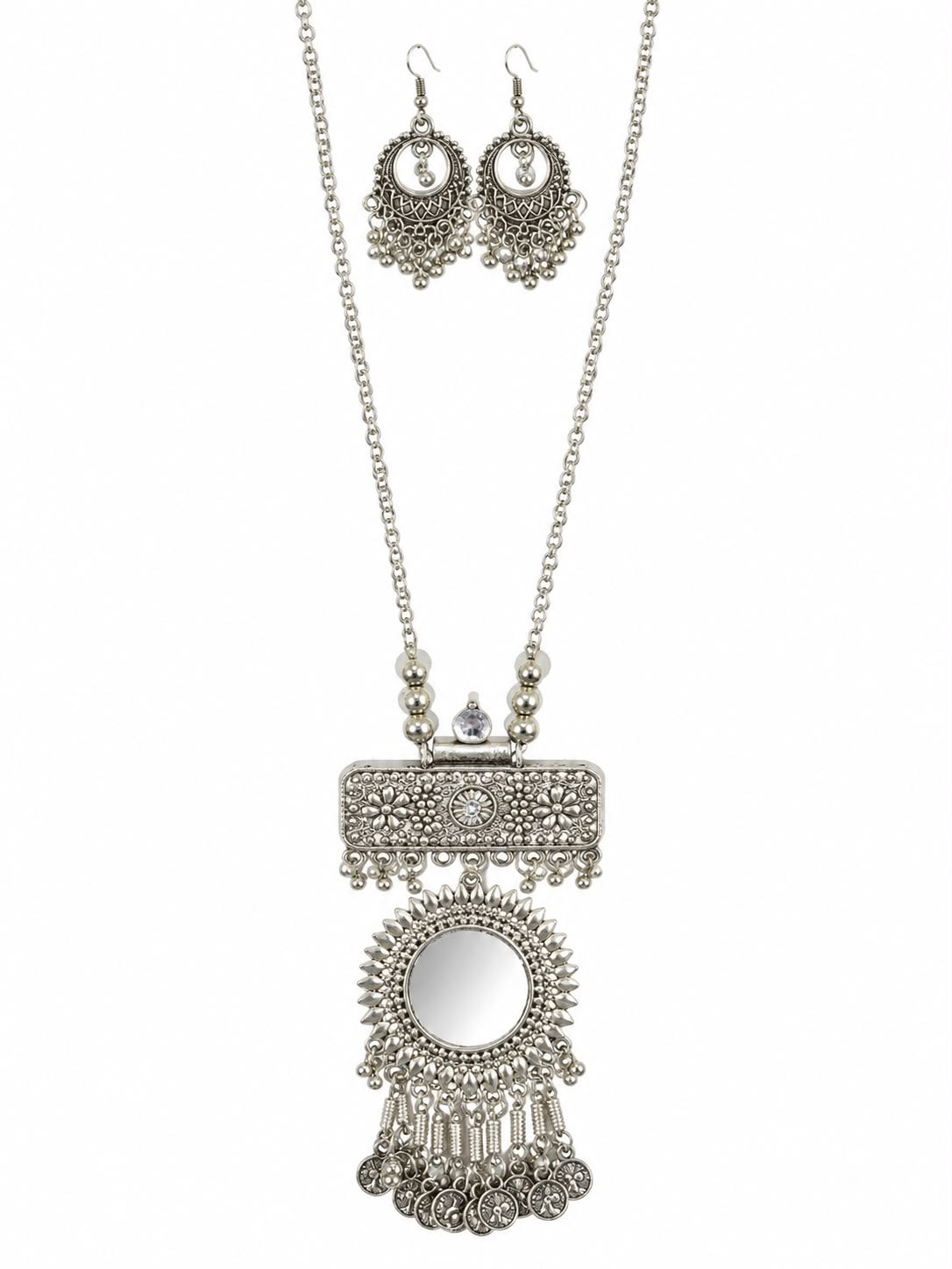 Regal Oxidised Mirror Charm Long Chain Jewelry Set