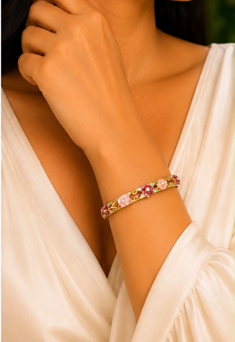 Enamelled Floral Gold Bangle