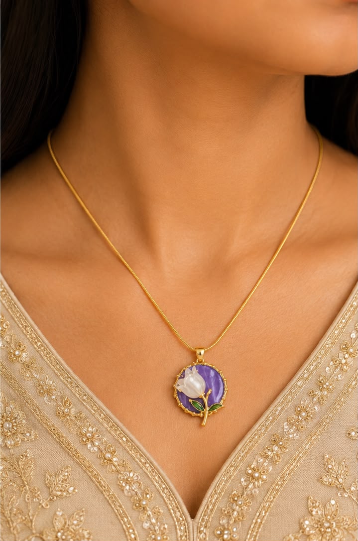 Gold-Plated White Carved Tulip & Purple Medallion Pendant