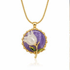 Gold-Plated White Carved Tulip & Purple Medallion Pendant