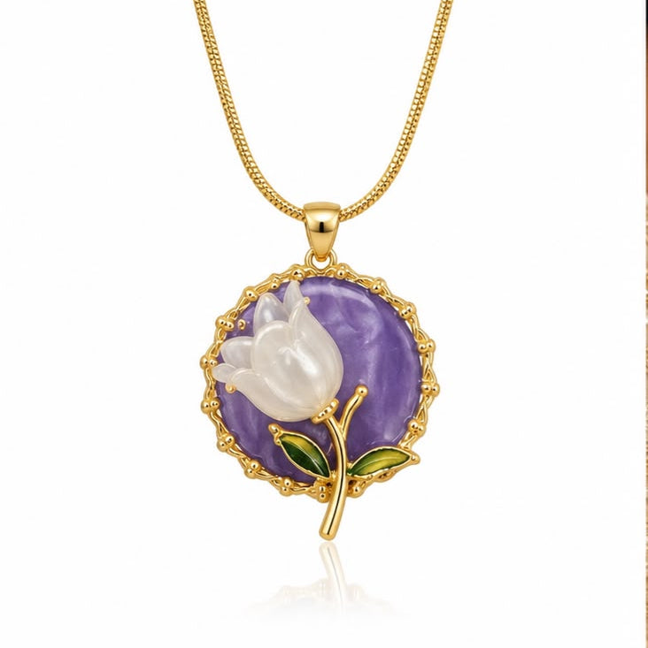 Gold-Plated White Carved Tulip & Purple Medallion Pendant