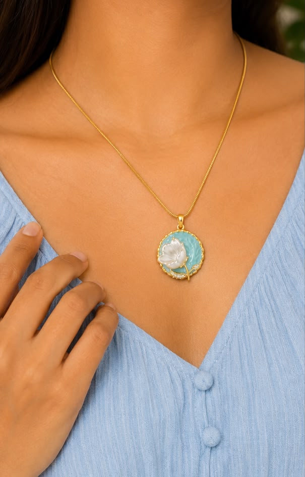 Gold-Plated Carved White Tulip & Pastel Blue Medallion Pendant