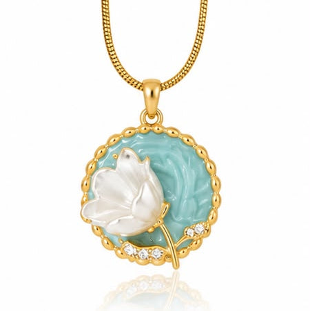 Gold-Plated Carved White Tulip & Pastel Blue Medallion Pendant