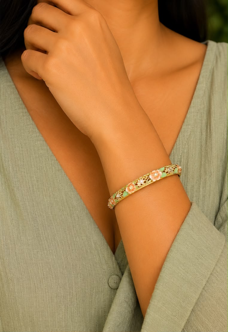 The Peach Blossom & Gold Filigree Bangle