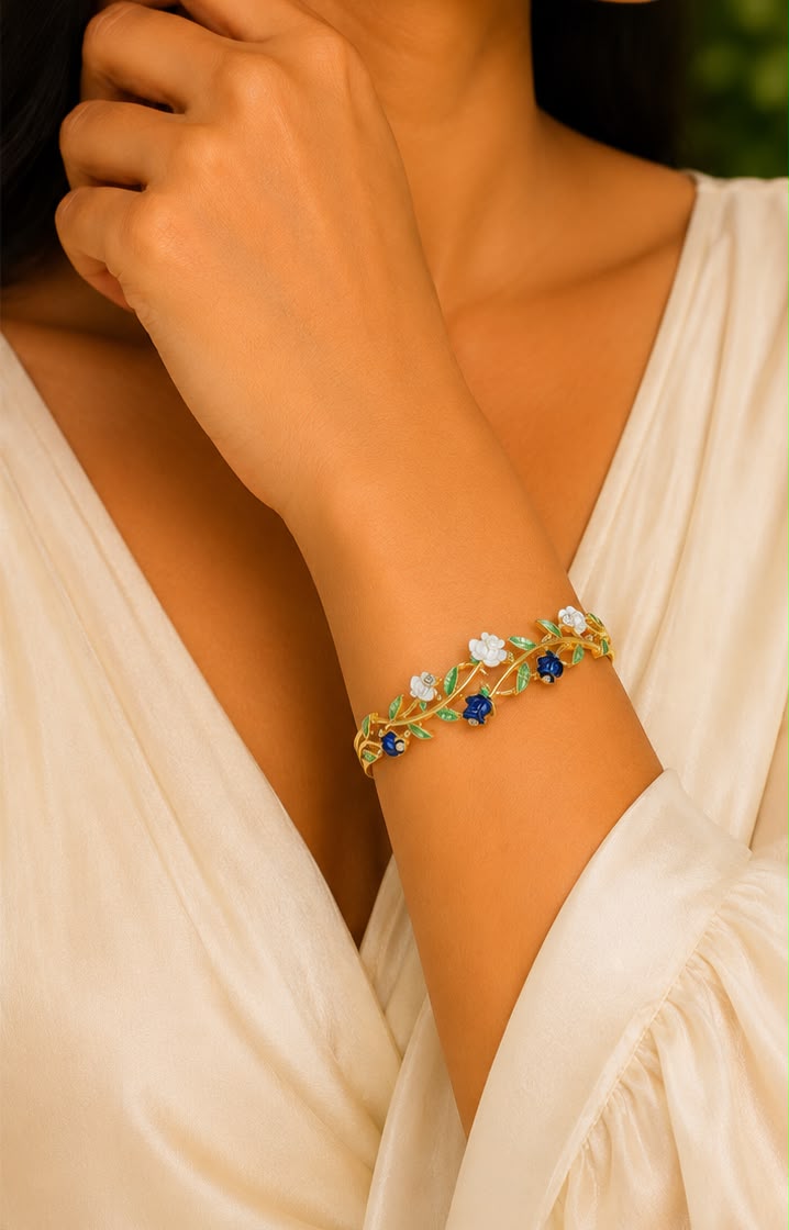 The Sapphire & Ivory Rose Vine Gold Bangle